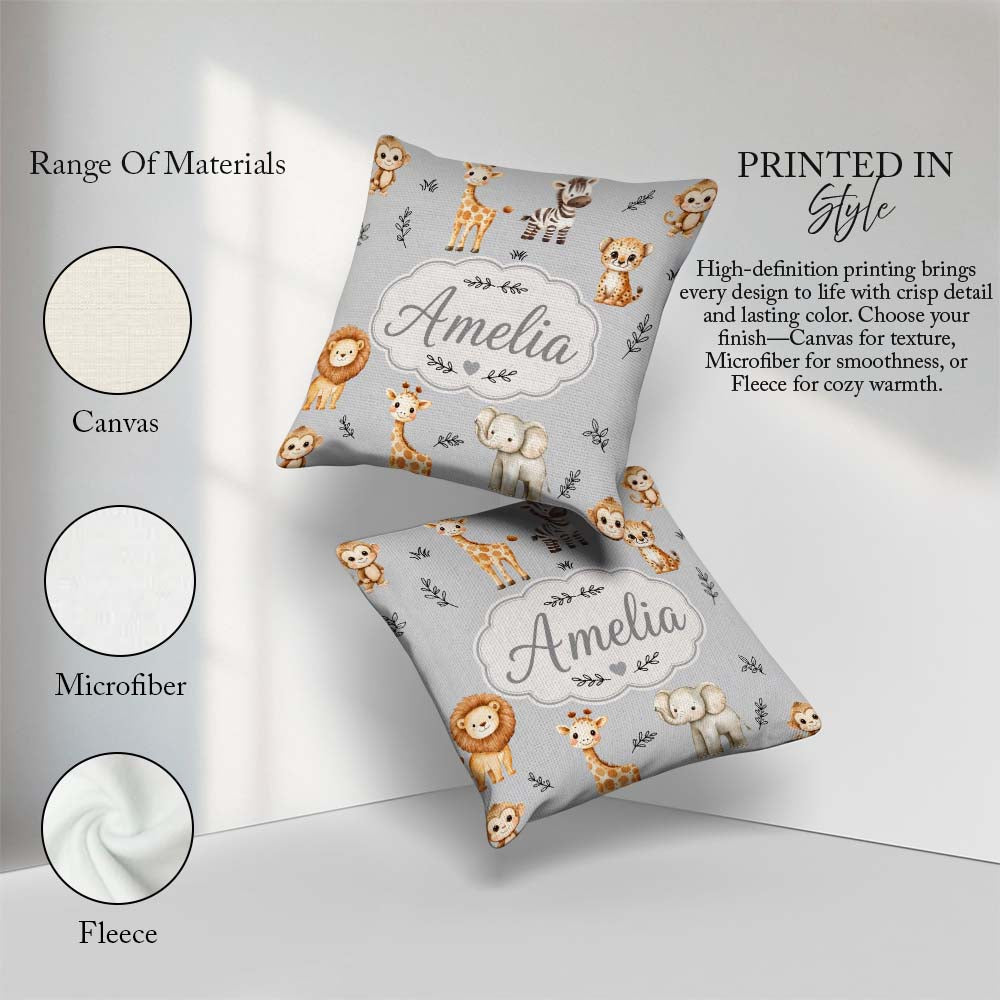 Custom Name Safari Animals with Elephant Lion and Leopard Cub on Square Filled Cushion Throw Pillow Sofa Bed Home Decor Zip Washable UK Made