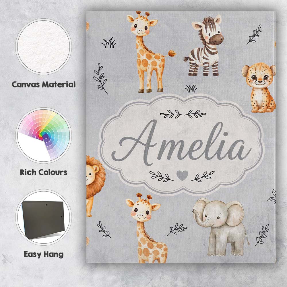 Personalised Name Safari Animals with Custom Modern Room Accent Creative Decorator Style Canvas Wall Art Print Decor Picture Ready to Hang
