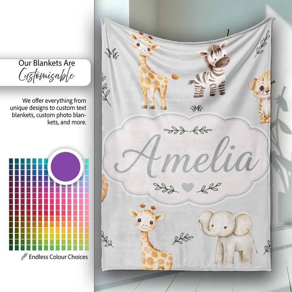 Safari Animals with Elephant Lion and Leopard Cub on Cool Grey  Personalised Custom Name Super Soft Fleece Blanket Bed Sofa Throw