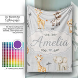 Safari Animals with Elephant Lion and Leopard Cub on Cool Grey  Personalised Custom Name Super Soft Fleece Blanket Bed Sofa Throw
