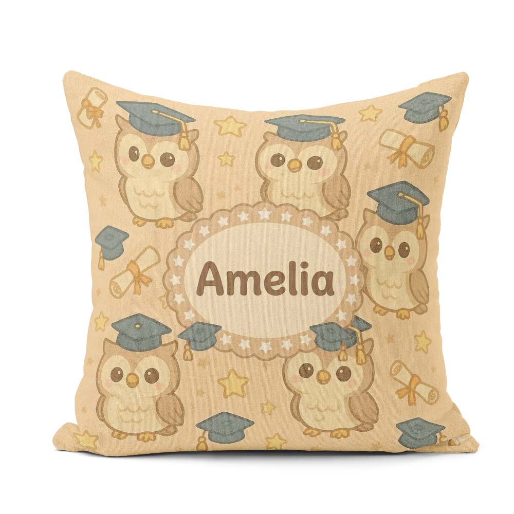 Custom Name Cute Graduation Owl Cartoon Animal Pattern Cute Gift Square Filled Cushion Throw Pillow Sofa Bed Home Decor Zip Washable UK Made