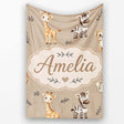 Safari Animals with Elephant Lion and Leopard Cub on Warm Beige  Personalised Custom Name Super Soft Fleece Blanket Bed Sofa Throw