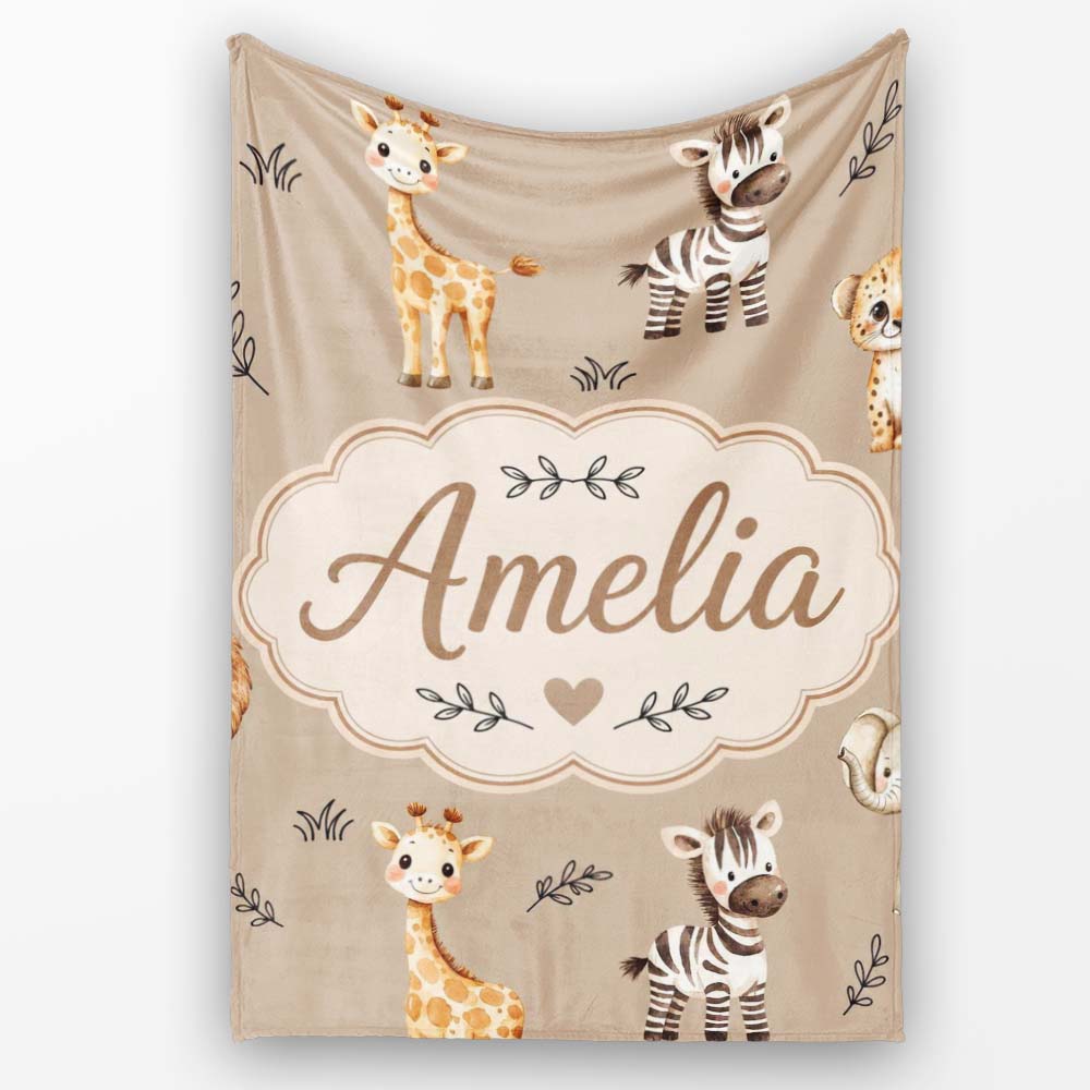 Safari Animals with Elephant Lion and Leopard Cub on Warm Beige  Personalised Custom Name Super Soft Fleece Blanket Bed Sofa Throw
