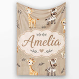 Safari Animals with Elephant Lion and Leopard Cub on Warm Beige  Personalised Custom Name Super Soft Fleece Blanket Bed Sofa Throw