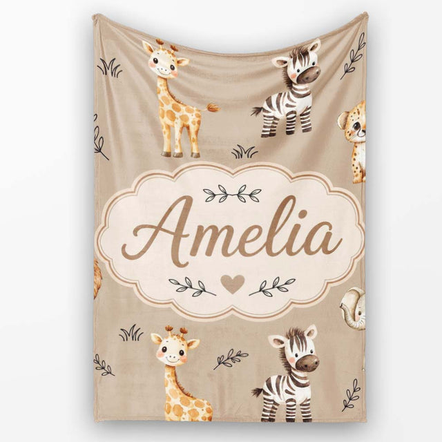 Safari Animals with Elephant Lion and Leopard Cub on Warm Beige  Personalised Custom Name Super Soft Fleece Blanket Bed Sofa Throw