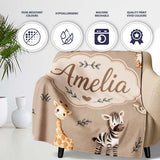 Safari Animals with Elephant Lion and Leopard Cub on Warm Beige  Personalised Custom Name Super Soft Fleece Blanket Bed Sofa Throw