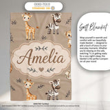 Safari Animals with Elephant Lion and Leopard Cub on Warm Beige  Personalised Custom Name Super Soft Fleece Blanket Bed Sofa Throw