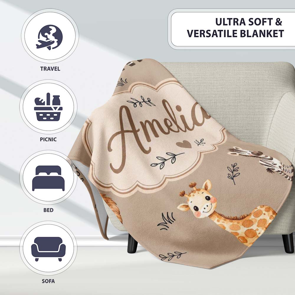 Safari Animals with Elephant Lion and Leopard Cub on Warm Beige  Personalised Custom Name Super Soft Fleece Blanket Bed Sofa Throw