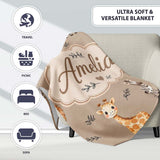 Safari Animals with Elephant Lion and Leopard Cub on Warm Beige  Personalised Custom Name Super Soft Fleece Blanket Bed Sofa Throw