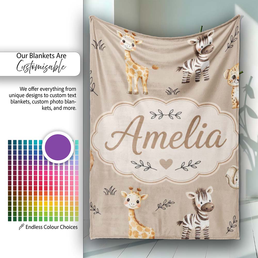 Safari Animals with Elephant Lion and Leopard Cub on Warm Beige  Personalised Custom Name Super Soft Fleece Blanket Bed Sofa Throw