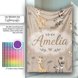 Safari Animals with Elephant Lion and Leopard Cub on Warm Beige  Personalised Custom Name Super Soft Fleece Blanket Bed Sofa Throw