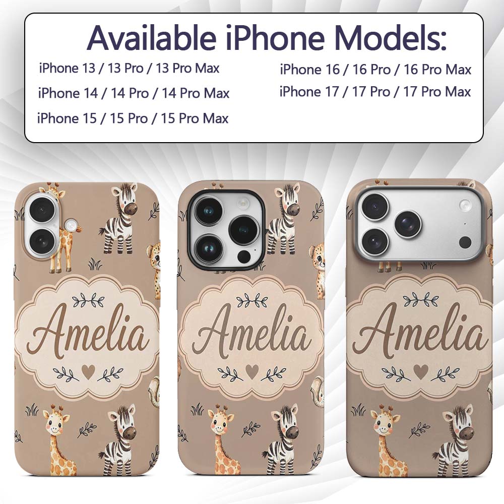 Safari Animals with Elephant Lion and Leopard Cub Custom Name Protective Phone Case Mobile Cover Durable Everyday Smartphone Shock Resistant