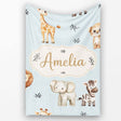 Safari Animals with Elephant Lion and Leopard Cub on Soft Blue  Personalised Custom Name Super Soft Fleece Blanket Bed Sofa Throw