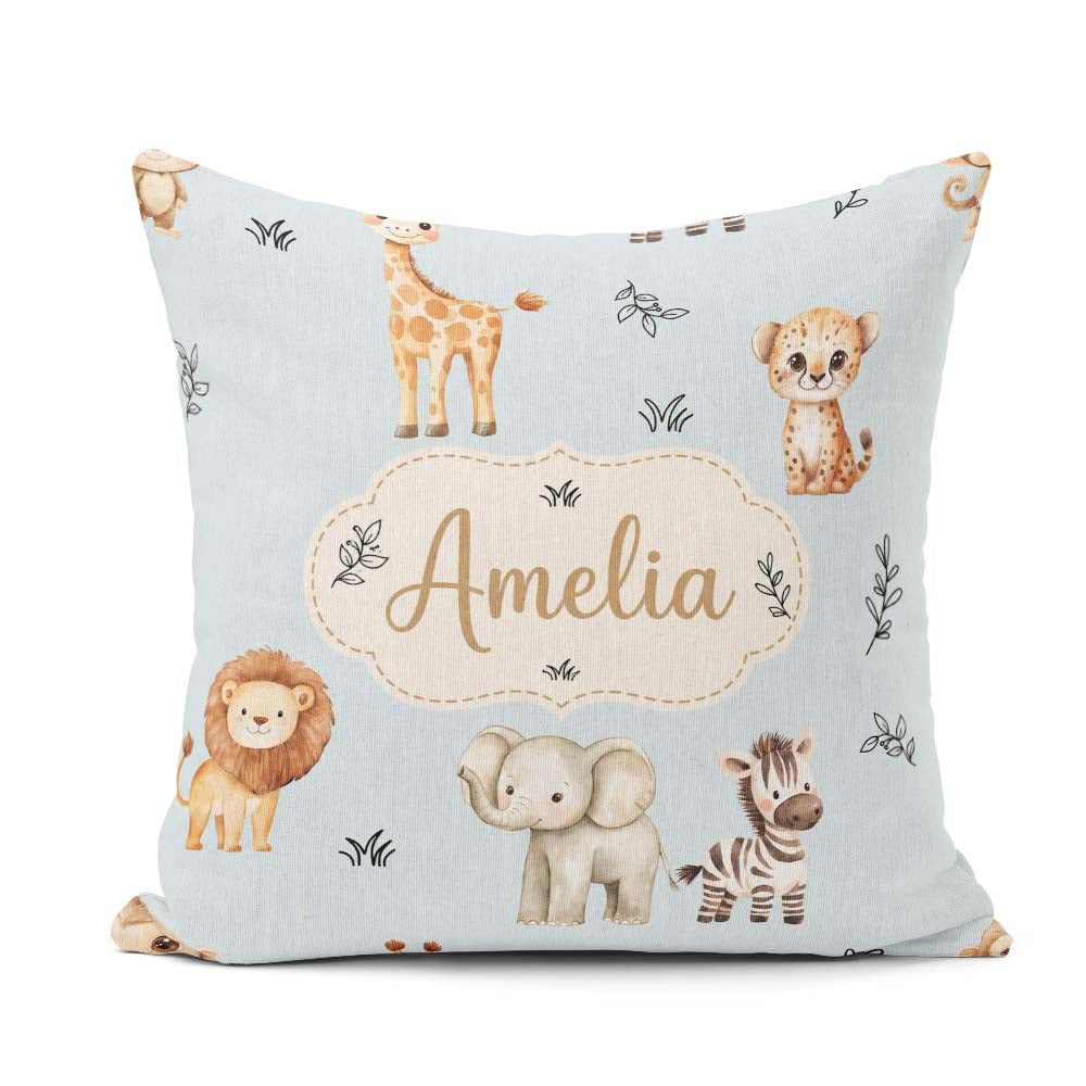 Custom Name Safari Animals with Elephant Lion and Leopard Cub on Square Filled Cushion Throw Pillow Sofa Bed Home Decor Zip Washable UK Made