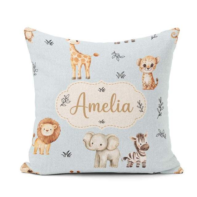 Custom Name Safari Animals with Elephant Lion and Leopard Cub on Square Filled Cushion Throw Pillow Sofa Bed Home Decor Zip Washable UK Made