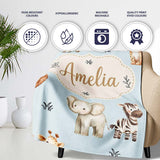 Safari Animals with Elephant Lion and Leopard Cub on Soft Blue  Personalised Custom Name Super Soft Fleece Blanket Bed Sofa Throw