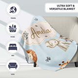 Safari Animals with Elephant Lion and Leopard Cub on Soft Blue  Personalised Custom Name Super Soft Fleece Blanket Bed Sofa Throw