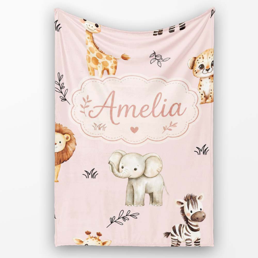Safari Animals with Elephant Lion and Leopard Cub Soft Blush Pink  Personalised Custom Name Super Soft Fleece Blanket Bed Sofa Throw