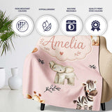 Safari Animals with Elephant Lion and Leopard Cub Soft Blush Pink  Personalised Custom Name Super Soft Fleece Blanket Bed Sofa Throw