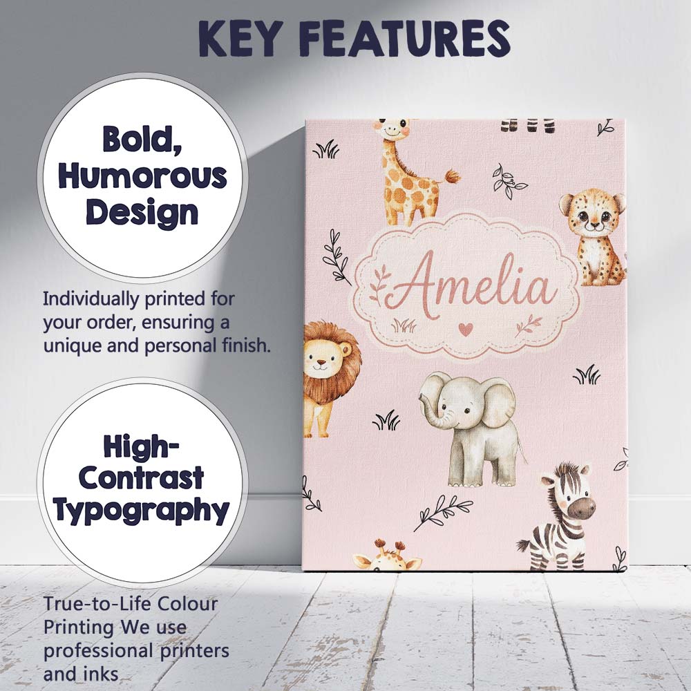 Personalised Name Safari Animals with Custom Modern Room Accent Creative Decorator Style Canvas Wall Art Print Decor Picture Ready to Hang