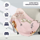 Safari Animals with Elephant Lion and Leopard Cub Soft Blush Pink  Personalised Custom Name Super Soft Fleece Blanket Bed Sofa Throw