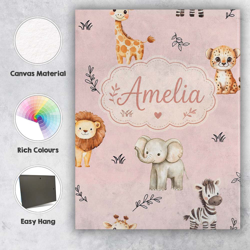 Personalised Name Safari Animals with Custom Modern Room Accent Creative Decorator Style Canvas Wall Art Print Decor Picture Ready to Hang