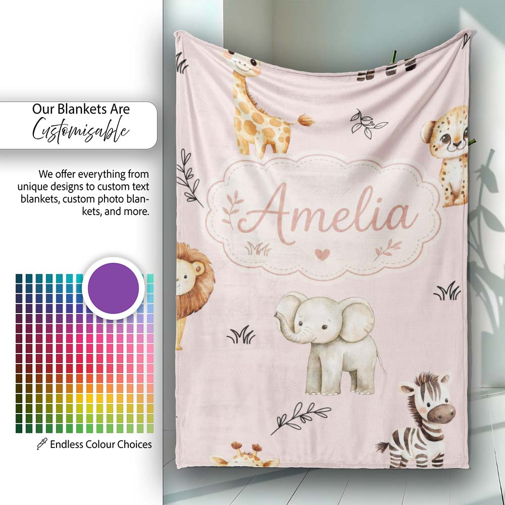 Safari Animals with Elephant Lion and Leopard Cub Soft Blush Pink  Personalised Custom Name Super Soft Fleece Blanket Bed Sofa Throw