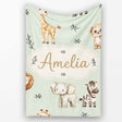 Safari Animals with Elephant Lion and Leopard Cub Soft Sage Green  Personalised Custom Name Super Soft Fleece Blanket Bed Sofa Throw