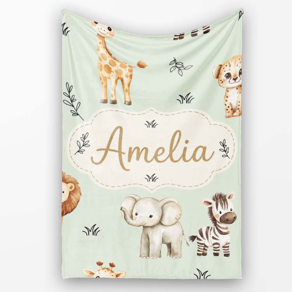Safari Animals with Elephant Lion and Leopard Cub Soft Sage Green  Personalised Custom Name Super Soft Fleece Blanket Bed Sofa Throw