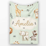 Safari Animals with Elephant Lion and Leopard Cub Soft Sage Green  Personalised Custom Name Super Soft Fleece Blanket Bed Sofa Throw