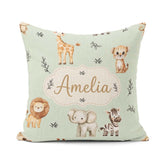 Custom Name Animals with Elephant Lion and Leopard Cub Soft Sage Square Filled Cushion Throw Pillow Sofa Bed Home Decor Zip Washable UK Made