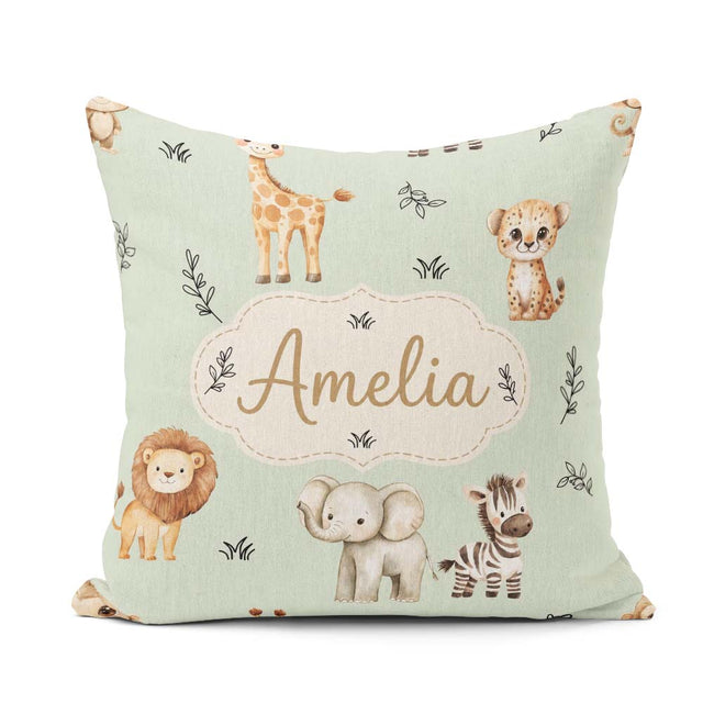 Custom Name Animals with Elephant Lion and Leopard Cub Soft Sage Square Filled Cushion Throw Pillow Sofa Bed Home Decor Zip Washable UK Made