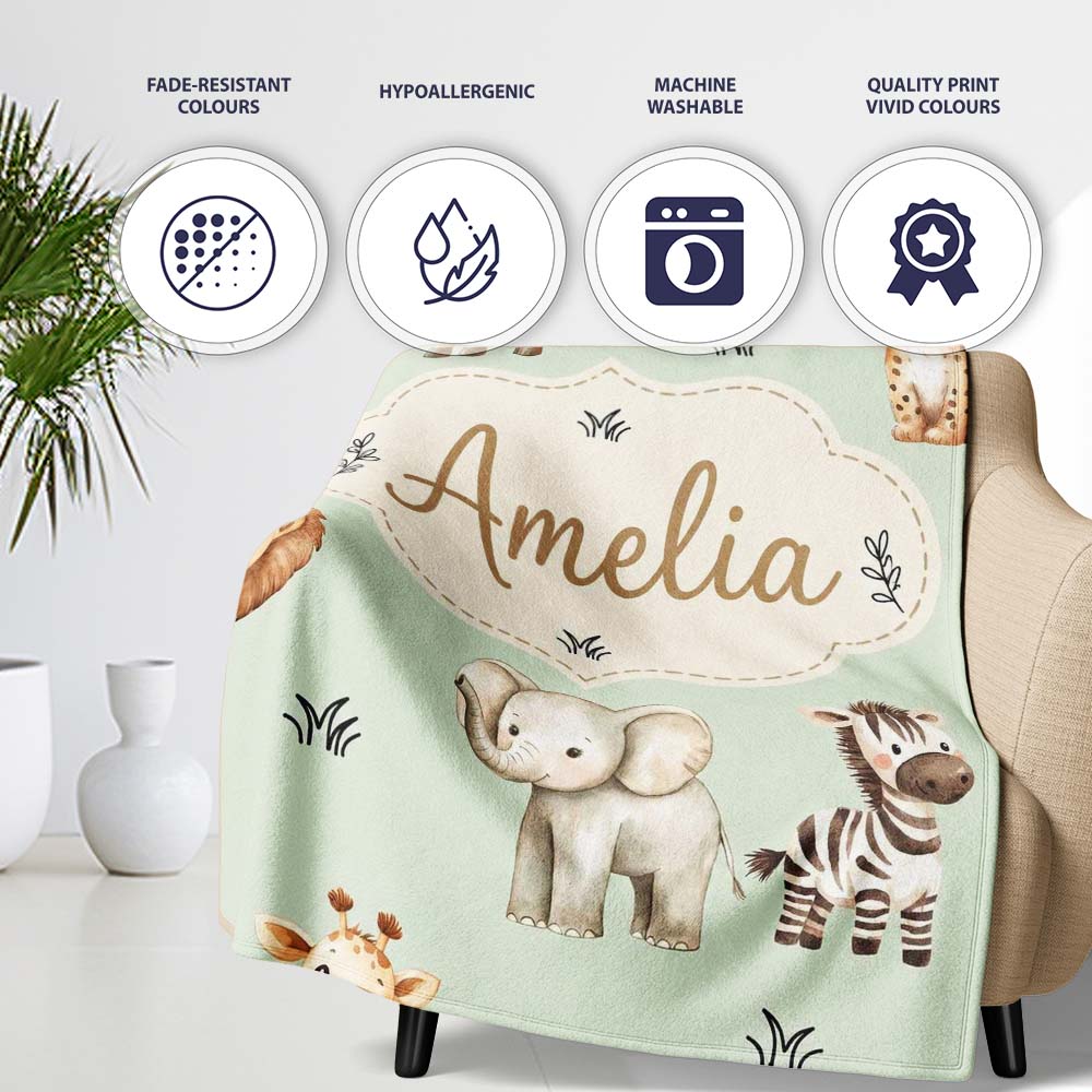 Safari Animals with Elephant Lion and Leopard Cub Soft Sage Green  Personalised Custom Name Super Soft Fleece Blanket Bed Sofa Throw