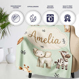 Safari Animals with Elephant Lion and Leopard Cub Soft Sage Green  Personalised Custom Name Super Soft Fleece Blanket Bed Sofa Throw