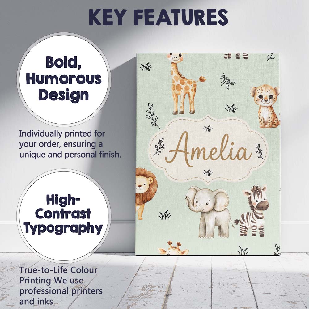 Personalised Name Safari Animals with Custom Modern Room Accent Creative Decorator Style Canvas Wall Art Print Decor Picture Ready to Hang