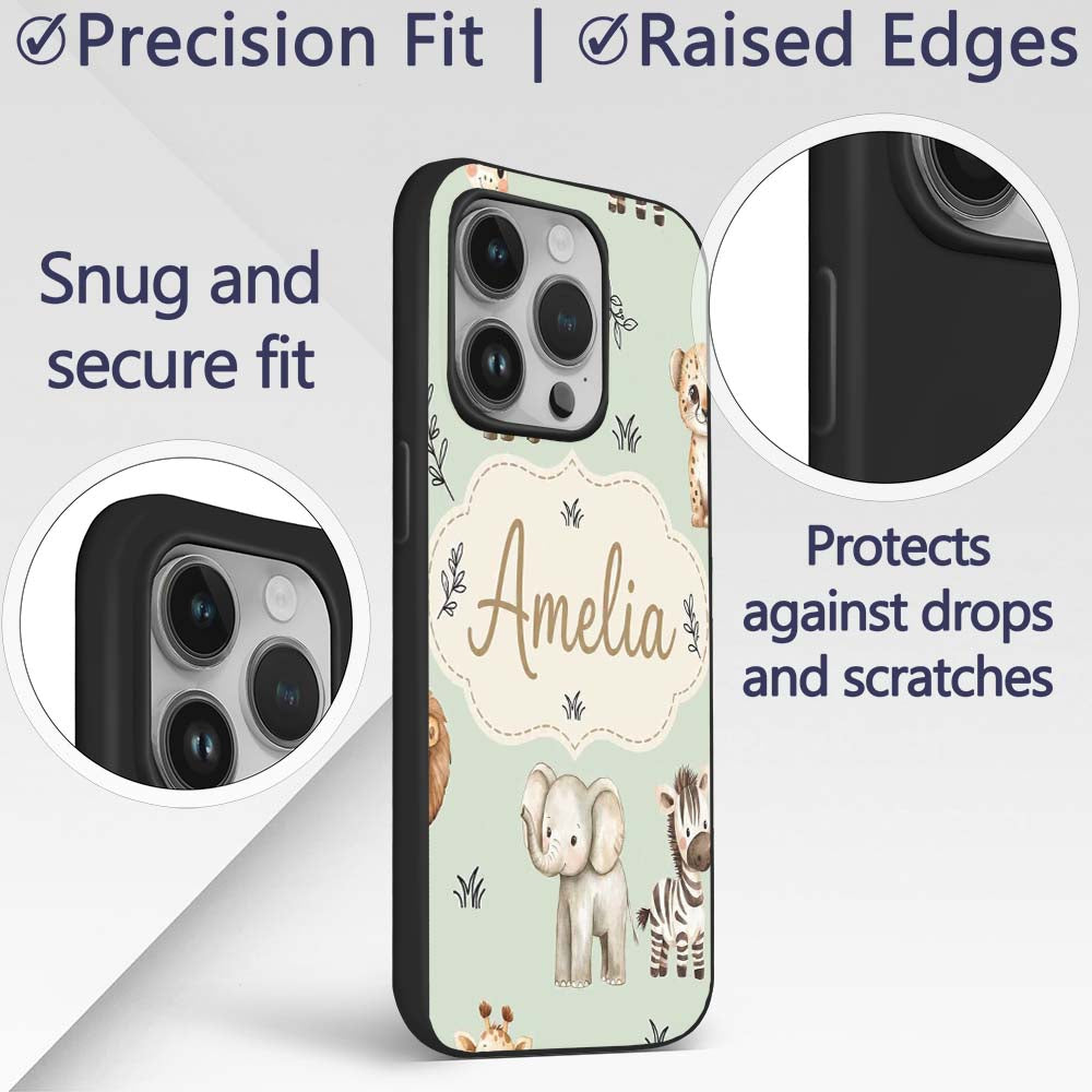 Safari Animals with Elephant Lion and Leopard Cub Custom Name Protective Phone Case Mobile Cover Durable Everyday Smartphone Shock Resistant