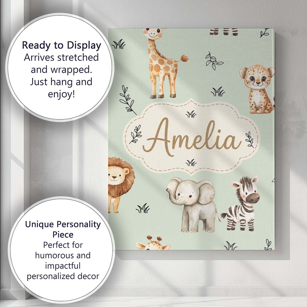Personalised Name Safari Animals with Custom Modern Room Accent Creative Decorator Style Canvas Wall Art Print Decor Picture Ready to Hang