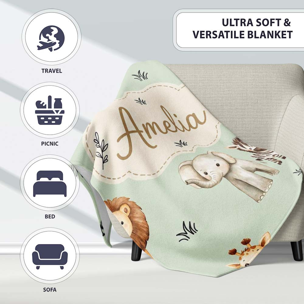 Safari Animals with Elephant Lion and Leopard Cub Soft Sage Green  Personalised Custom Name Super Soft Fleece Blanket Bed Sofa Throw
