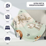 Safari Animals with Elephant Lion and Leopard Cub Soft Sage Green  Personalised Custom Name Super Soft Fleece Blanket Bed Sofa Throw