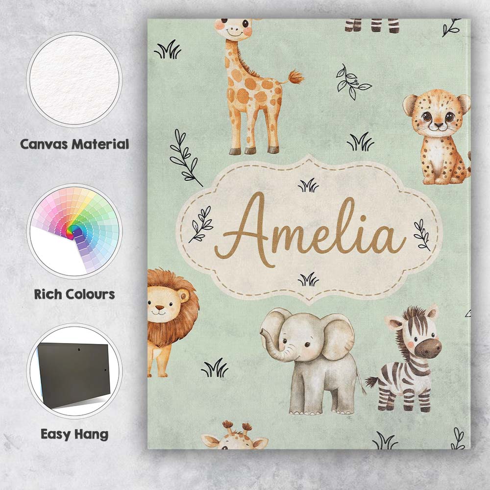 Personalised Name Safari Animals with Custom Modern Room Accent Creative Decorator Style Canvas Wall Art Print Decor Picture Ready to Hang