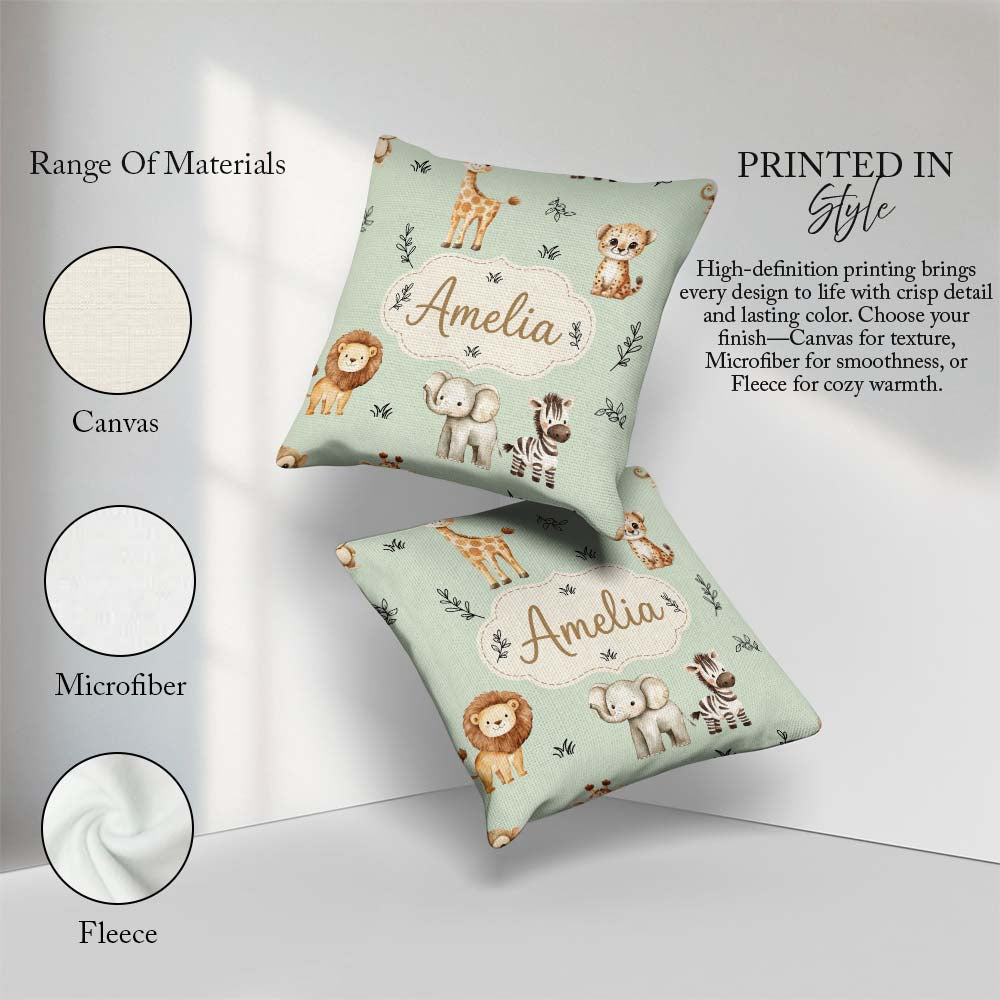 Custom Name Animals with Elephant Lion and Leopard Cub Soft Sage Square Filled Cushion Throw Pillow Sofa Bed Home Decor Zip Washable UK Made