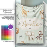 Safari Animals with Elephant Lion and Leopard Cub Soft Sage Green  Personalised Custom Name Super Soft Fleece Blanket Bed Sofa Throw