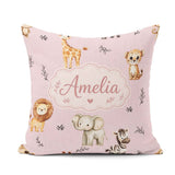 Custom Name Safari Animals with Elephant Lion and Leopard Cub on Square Filled Cushion Throw Pillow Sofa Bed Home Decor Zip Washable UK Made