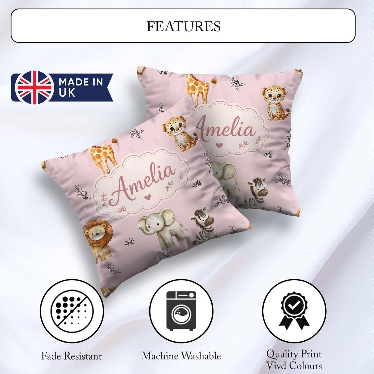 Custom Name Safari Animals with Elephant Lion and Leopard Cub on Square Filled Cushion Throw Pillow Sofa Bed Home Decor Zip Washable UK Made