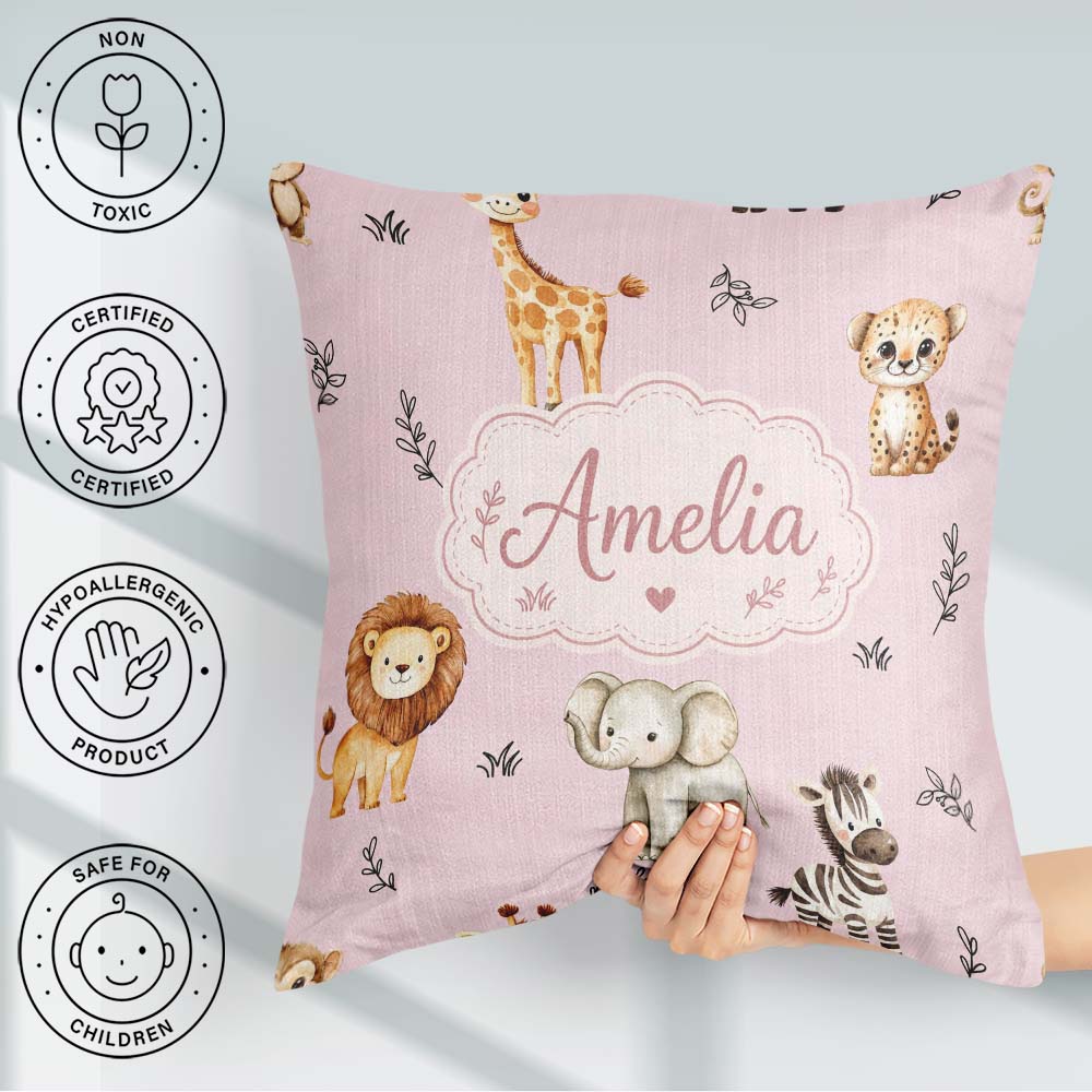 Custom Name Safari Animals with Elephant Lion and Leopard Cub on Square Filled Cushion Throw Pillow Sofa Bed Home Decor Zip Washable UK Made