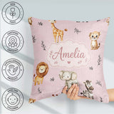 Custom Name Safari Animals with Elephant Lion and Leopard Cub on Square Filled Cushion Throw Pillow Sofa Bed Home Decor Zip Washable UK Made