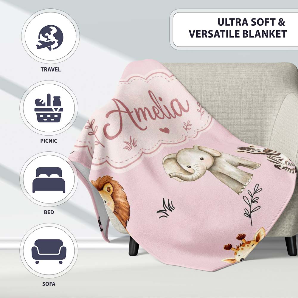 Safari Animals with Elephant Lion and Leopard Cub on Dusty Rose  Personalised Custom Name Super Soft Fleece Blanket Bed Sofa Throw