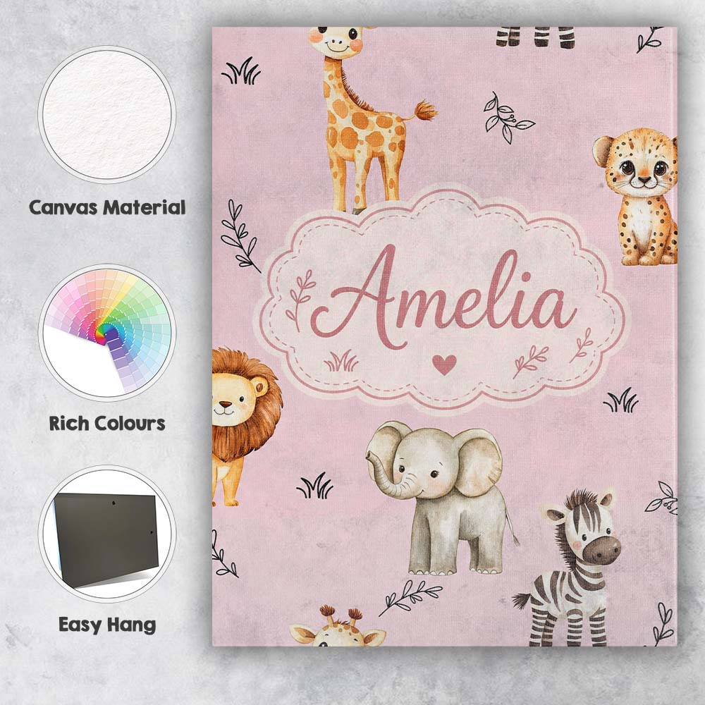 Personalised Name Safari Animals with Custom Modern Room Accent Creative Decorator Style Canvas Wall Art Print Decor Picture Ready to Hang