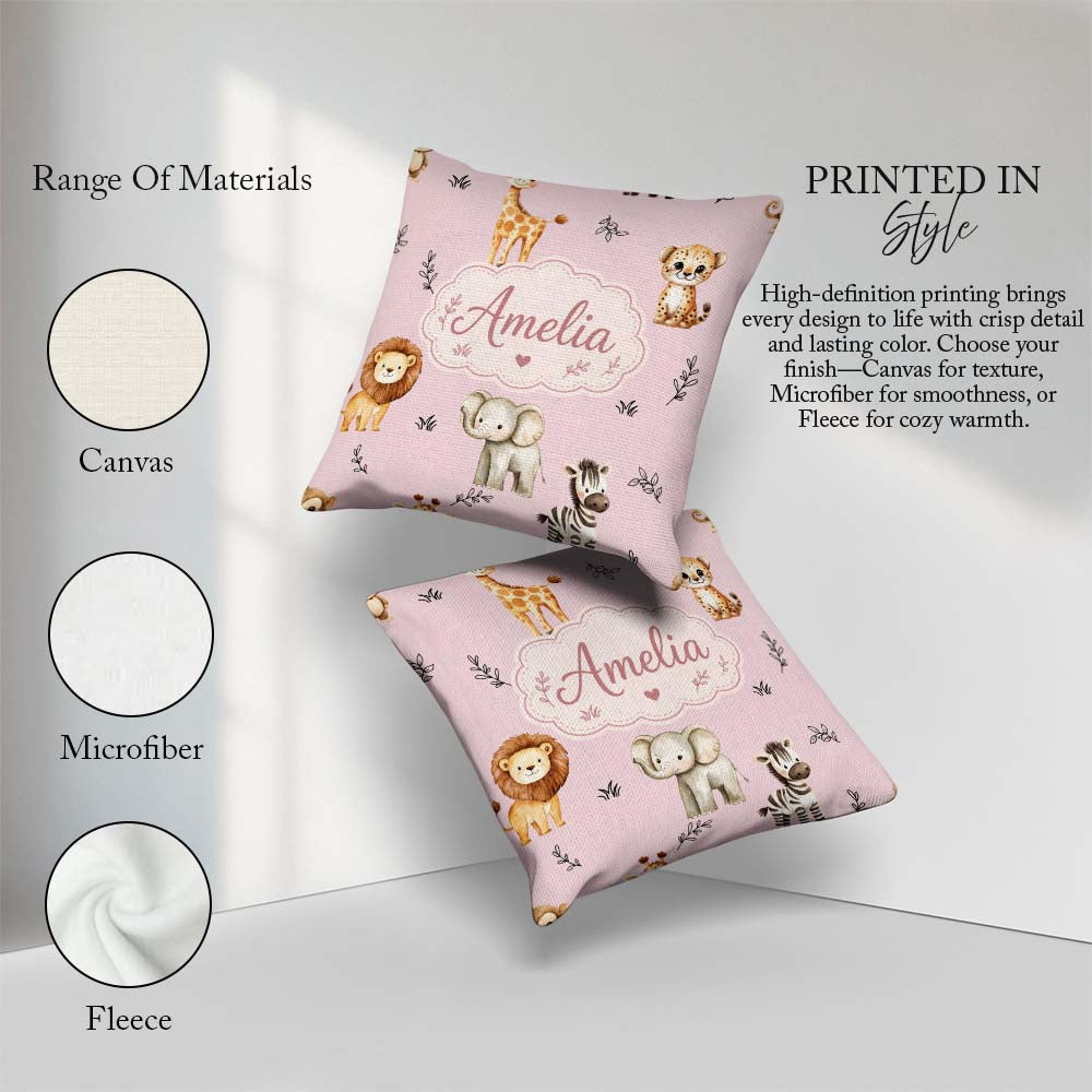 Custom Name Safari Animals with Elephant Lion and Leopard Cub on Square Filled Cushion Throw Pillow Sofa Bed Home Decor Zip Washable UK Made