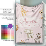 Safari Animals with Elephant Lion and Leopard Cub on Dusty Rose  Personalised Custom Name Super Soft Fleece Blanket Bed Sofa Throw